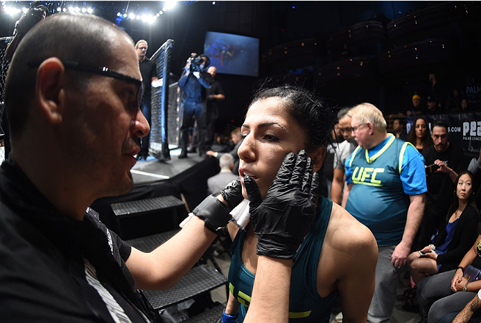 LAS VEGAS, NEVADA - DECEMBER 12: Randa Markos prepares to enter the Octagon before facing Jessica Penne in their strawweight fight during The Ultimate Fighter Finale event inside the Pearl concert theater at the Palms Casino Resort on December 12, 2014 i