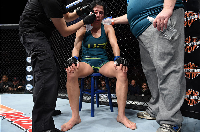 LAS VEGAS, NEVADA - DECEMBER 12: Randa Markos sits in her corner after her fight against Jessica Penne in their strawweight fight during The Ultimate Fighter Finale event inside the Pearl concert theater at the Palms Casino Resort on December 12, 2014 in