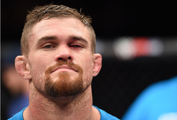 LAS VEGAS, NEVADA - DECEMBER 12: Daron Cruickshank and KJ Noons receive a no contest after an accidental eye poke in their lightweight fight during The Ultimate Fighter Finale event inside the Pearl concert theater at the Palms Casino Resort on December 1