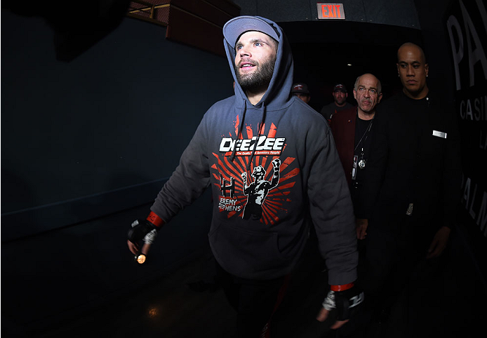 LAS VEGAS, NEVADA - DECEMBER 12: Jeremy Stephens prepares to enter the Octagon before facing Charles Oliveira in their lightweight fight during The Ultimate Fighter Finale event inside the Pearl concert theater at the Palms Casino Resort on December 12,