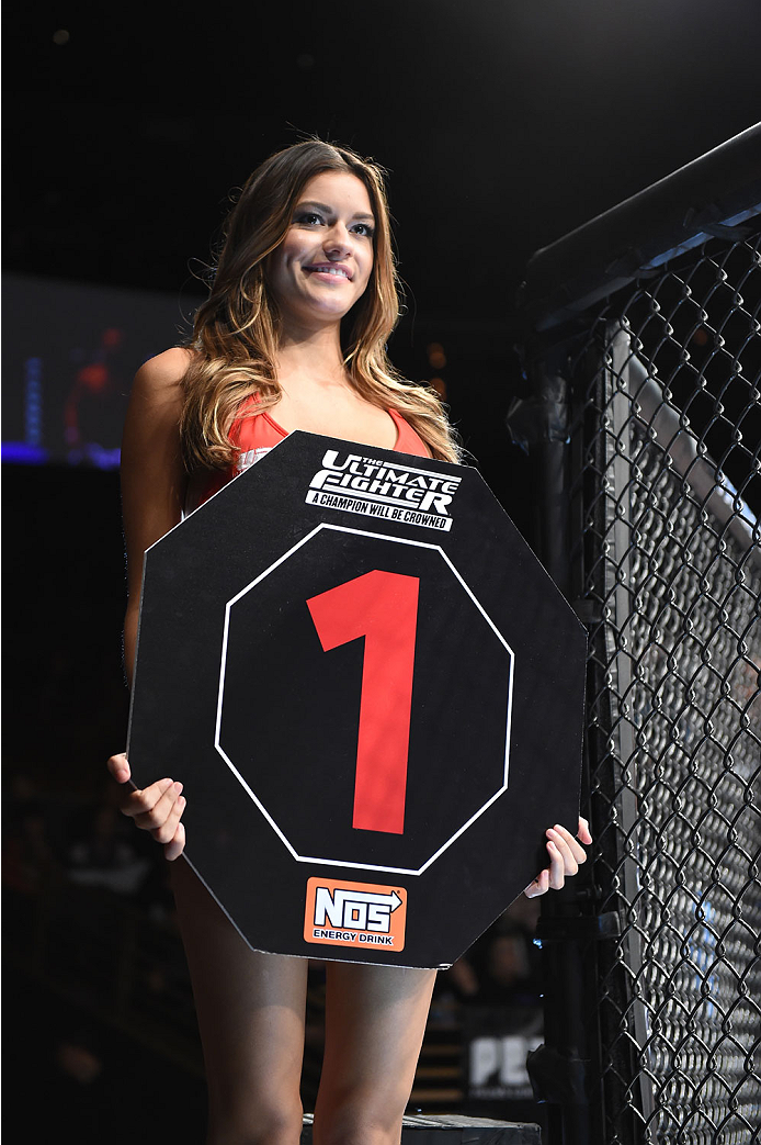 LAS VEGAS, NEVADA - DECEMBER 12: UFC Octagon girl Vanessa Hanson introduces the round during The Ultimate Fighter Finale event inside the Pearl concert theater at the Palms Casino Resort on December 12, 2014 in Las Vegas, Nevada. (Photo by Jeff Bottari/Z