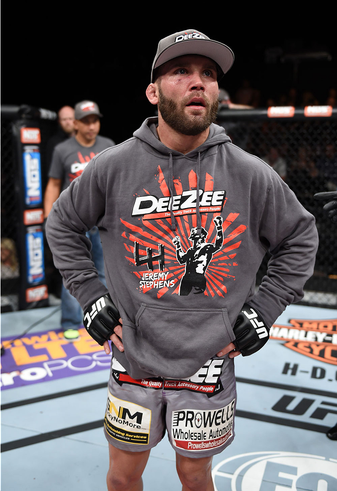 LAS VEGAS, NEVADA - DECEMBER 12: Jeremy Stephens waits to hear the decision after his fight against Charles Oliveira in their lightweight fight during The Ultimate Fighter Finale event inside the Pearl concert theater at the Palms Casino Resort on Decembe