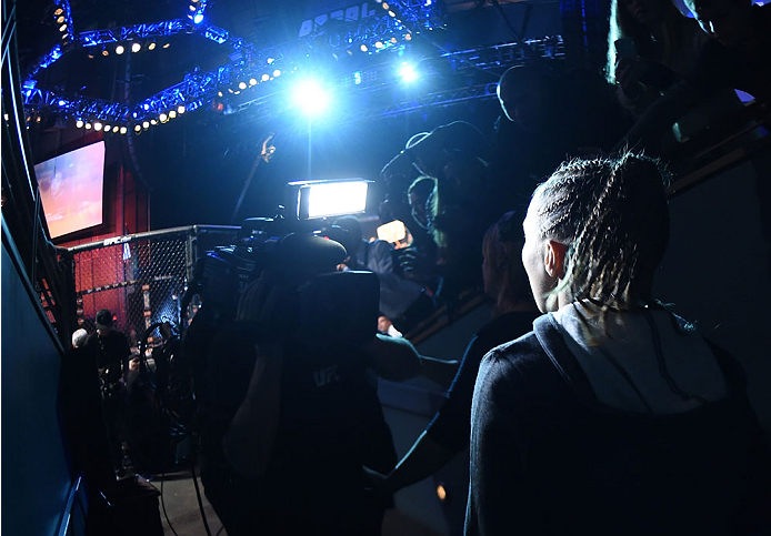 LAS VEGAS, NEVADA - DECEMBER 12: Rose Namajunas prepares to enter the Octagon before facing Carla Esparza in their strawweight championship fight during The Ultimate Fighter Finale event inside the Pearl concert theater at the Palms Casino Resort on Decem