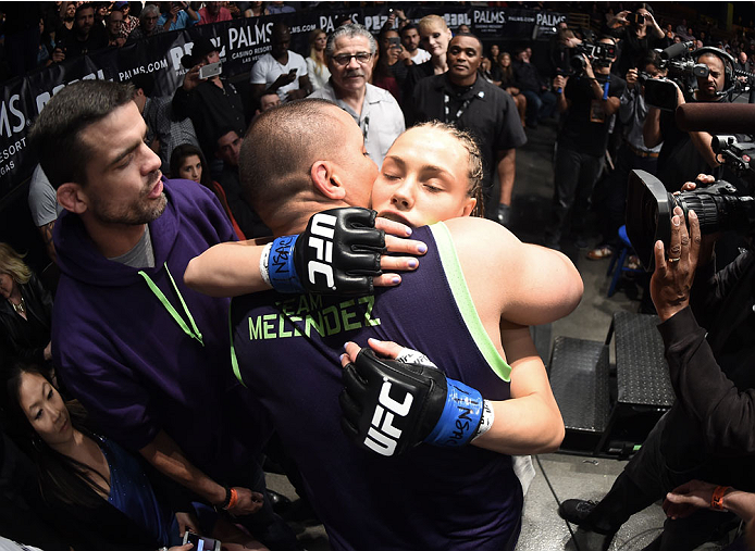 LAS VEGAS, NEVADA - DECEMBER 12: Rose Namajunas hugs her fianc Pat Barry before facing Carla Esparza in their strawweight championship fight during The Ultimate Fighter Finale event inside the Pearl concert theater at the Palms Casino Resort on December 1