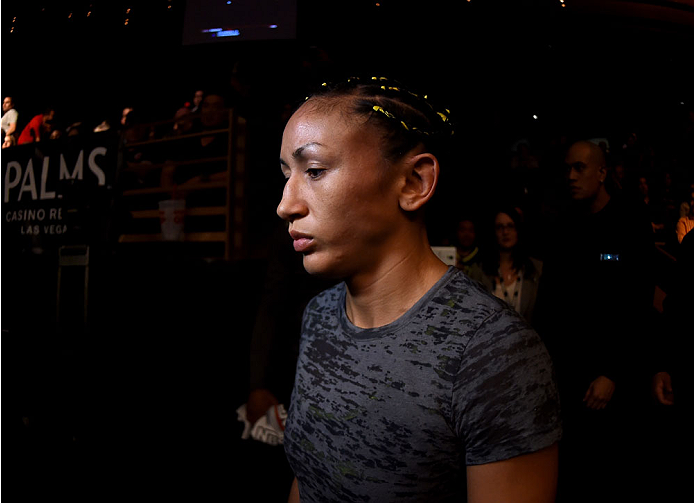LAS VEGAS, NEVADA - DECEMBER 12: Carla Esparza prepares to enter the Octagon before facing Rose Namajunas in their strawweight championship fight during The Ultimate Fighter Finale event inside the Pearl concert theater at the Palms Casino Resort on Decem