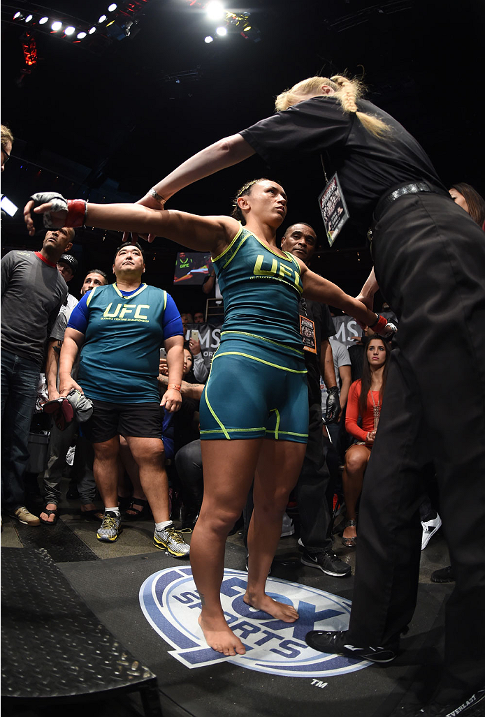 LAS VEGAS, NEVADA - DECEMBER 12: Carla Esparza prepares to enter the Octagon before facing Rose Namajunas in their strawweight championship fight during The Ultimate Fighter Finale event inside the Pearl concert theater at the Palms Casino Resort on Decem