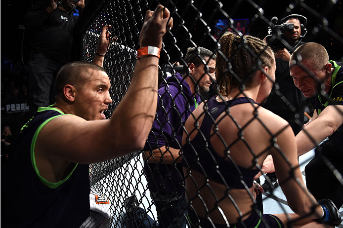 LAS VEGAS, NEVADA - DECEMBER 12: Rose Namajunas gets advice from her fianc Pat Barry while facing Carla Esparza in their strawweight championship fight during The Ultimate Fighter Finale event inside the Pearl concert theater at the Palms Casino Resort o