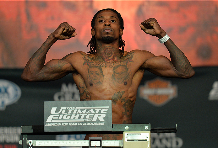 LAS VEGAS, NEVADA - JULY 11:   Willie Gates steps onto the scale during the TUF 21 Finale Weigh-in at the UFC Fan Expo in the Sands Expo and Convention Center on July 11, 2015 in Las Vegas Nevada. (Photo by Brandon Magnus/Zuffa LLC/Zuffa LLC via Getty Ima