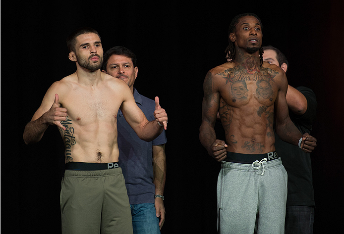 LAS VEGAS, NEVADA - JULY 11:   (L-R) Darrell Montague and Willie Gates face off during the TUF 21 Finale Weigh-in at the UFC Fan Expo in the Sands Expo and Convention Center on July 11, 2015 in Las Vegas Nevada. (Photo by Brandon Magnus/Zuffa LLC/Zuffa LL