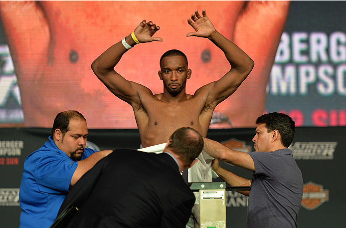 LAS VEGAS, NEVADA - JULY 11:   Dominic Water steps onto the scale during the TUF 21 Finale Weigh-in at the UFC Fan Expo in the Sands Expo and Convention Center on July 11, 2015 in Las Vegas Nevada. (Photo by Brandon Magnus/Zuffa LLC/Zuffa LLC via Getty Im