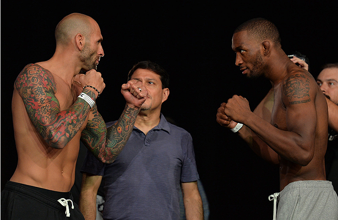 LAS VEGAS, NEVADA - JULY 11:   (L-R) George Sullivan and Dominic Waters face off during the TUF 21 Finale Weigh-in at the UFC Fan Expo in the Sands Expo and Convention Center on July 11, 2015 in Las Vegas Nevada. (Photo by Brandon Magnus/Zuffa LLC/Zuffa L