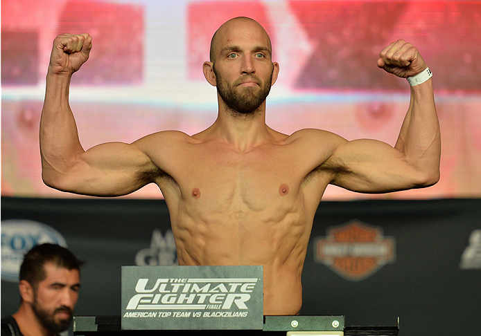 LAS VEGAS, NEVADA - JULY 11:   Trevor Smith steps onto the scale during the TUF 21 Finale Weigh-in at the UFC Fan Expo in the Sands Expo and Convention Center on July 11, 2015 in Las Vegas Nevada. (Photo by Brandon Magnus/Zuffa LLC/Zuffa LLC via Getty Ima