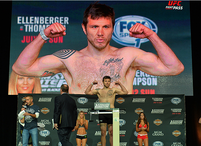 LAS VEGAS, NEVADA - JULY 11:   Dan Miller steps onto the scale during the TUF 21 Finale Weigh-in at the UFC Fan Expo in the Sands Expo and Convention Center on July 11, 2015 in Las Vegas Nevada. (Photo by Brandon Magnus/Zuffa LLC/Zuffa LLC via Getty Image