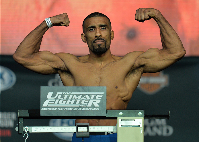 LAS VEGAS, NEVADA - JULY 11: Jerrod Sanders steps onto the scale during the TUF 21 Finale Weigh-in at the UFC Fan Expo in the Sands Expo and Convention Center on July 11, 2015 in Las Vegas Nevada. (Photo by Brandon Magnus/Zuffa LLC/Zuffa LLC via Getty I