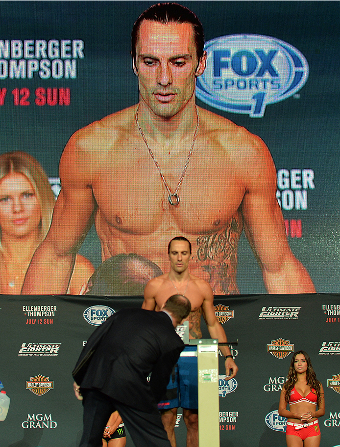 LAS VEGAS, NEVADA - JULY 11:   Josh Samman steps onto the scale during the TUF 21 Finale Weigh-in at the UFC Fan Expo in the Sands Expo and Convention Center on July 11, 2015 in Las Vegas Nevada. (Photo by Brandon Magnus/Zuffa LLC/Zuffa LLC via Getty Imag