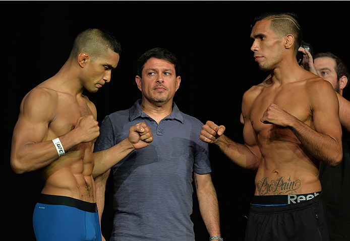 LAS VEGAS, NEVADA - JULY 11:   Maximo Blanco and Mike De La Torre face off during the TUF 21 Finale Weigh-in at the UFC Fan Expo in the Sands Expo and Convention Center on July 11, 2015 in Las Vegas Nevada. (Photo by Brandon Magnus/Zuffa LLC/Zuffa LLC via