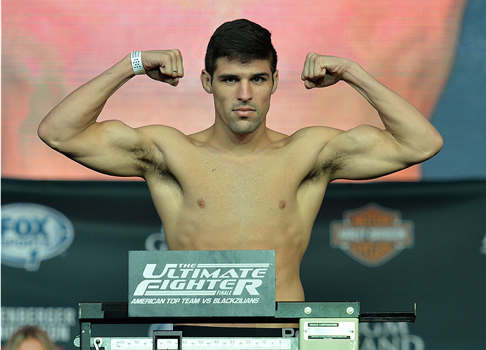 LAS VEGAS, NEVADA - JULY 11:   Vicente Luque steps onto the scale during the TUF 21 Finale Weigh-in at the UFC Fan Expo in the Sands Expo and Convention Center on July 11, 2015 in Las Vegas Nevada. (Photo by Brandon Magnus/Zuffa LLC/Zuffa LLC via Getty Im