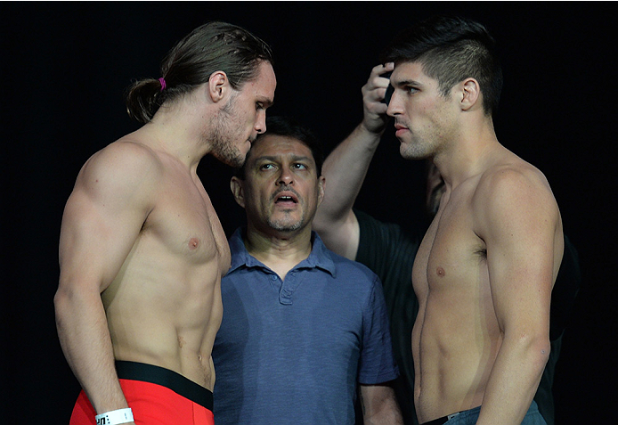 LAS VEGAS, NEVADA - JULY 11:   (L-R) Michael Graves and Vicente Luque face off during the TUF 21 Finale Weigh-in at the UFC Fan Expo in the Sands Expo and Convention Center on July 11, 2015 in Las Vegas Nevada. (Photo by Brandon Magnus/Zuffa LLC/Zuffa LLC