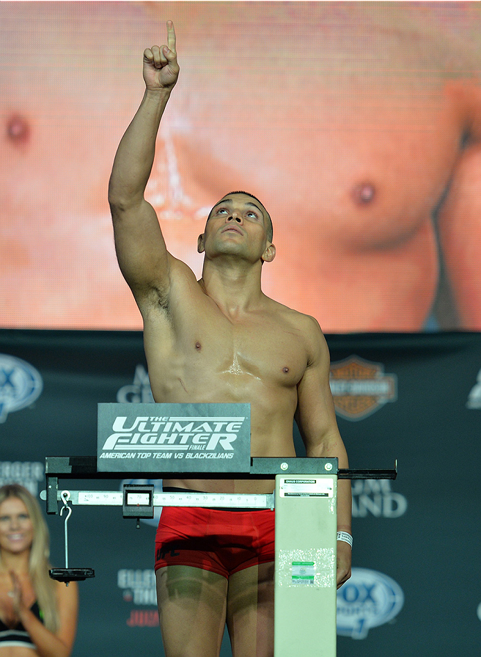 LAS VEGAS, NEVADA - JULY 11:   Hayder Hassan steps onto the scale during the TUF 21 Finale Weigh-in at the UFC Fan Expo in the Sands Expo and Convention Center on July 11, 2015 in Las Vegas Nevada. (Photo by Brandon Magnus/Zuffa LLC/Zuffa LLC via Getty Im