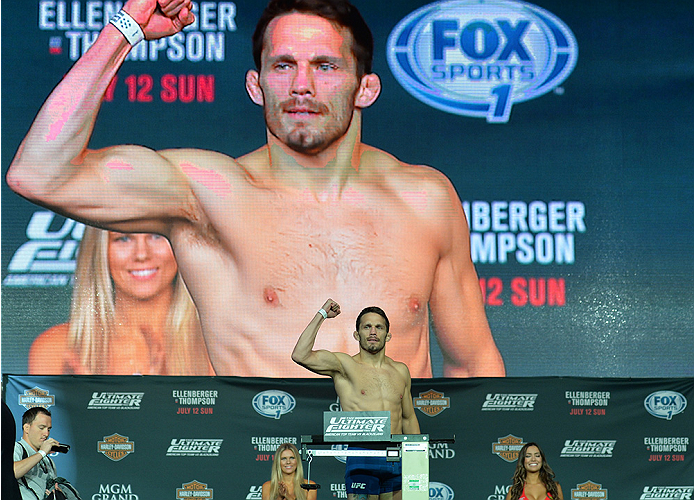 LAS VEGAS, NEVADA - JULY 11: Jake Ellenberger steps onto the scale during the TUF 21 Finale Weigh-in at the UFC Fan Expo in the Sands Expo and Convention Center on July 11, 2015 in Las Vegas Nevada. (Photo by Brandon Magnus/Zuffa LLC/Zuffa LLC via Getty