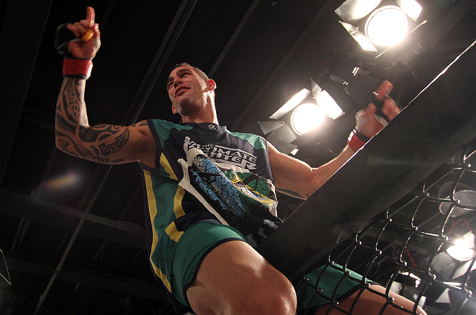 SAO PAULO, BRAZIL - FEBRUARY 11: Santiago Ponzinibbio reacts after defeating Marcio "Pedra" Santos in their preliminary fight during filming of season two of The Ultimate Fighter Brazil on February 11, 2013 in Sao Paulo, Brazil. (Photo by Luiz Pires Dias