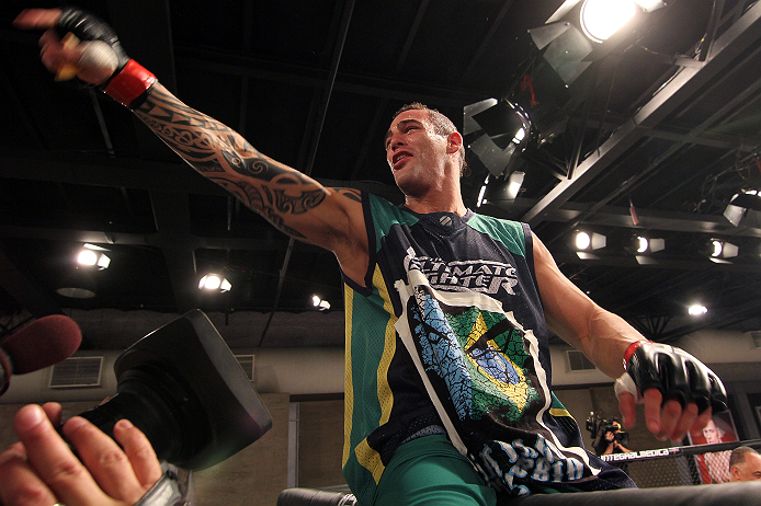 SAO PAULO, BRAZIL - FEBRUARY 11: Santiago Ponzinibbio reacts after defeating Marcio "Pedra" Santos in their preliminary fight during filming of season two of The Ultimate Fighter Brazil on February 11, 2013 in Sao Paulo, Brazil. (Photo by Luiz Pires Dias