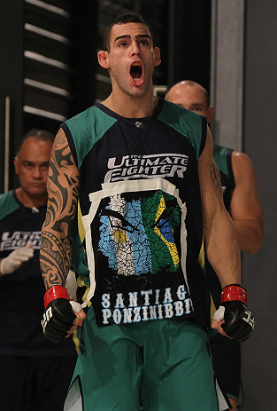 SAO PAULO, BRAZIL - FEBRUARY 11: Santiago Ponzinibbio enters the gym before his preliminary fight against Marcio "Pedra" Santos during filming of season two of The Ultimate Fighter Brazil on February 11, 2013 in Sao Paulo, Brazil. (Photo by Luiz Pires Di