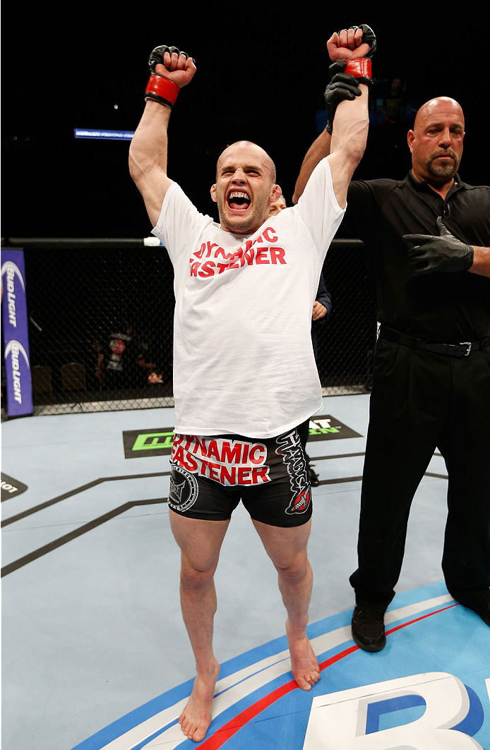 QUEBEC CITY, CANADA - APRIL 16:  Mitch Gagnon reacts after defeating Tim Gorman in their bantamweight fight during the TUF Nations Finale at Colisee Pepsi on April 16, 2014 in Quebec City, Quebec, Canada. (Photo by Josh Hedges/Zuffa LLC/Zuffa LLC via Gett