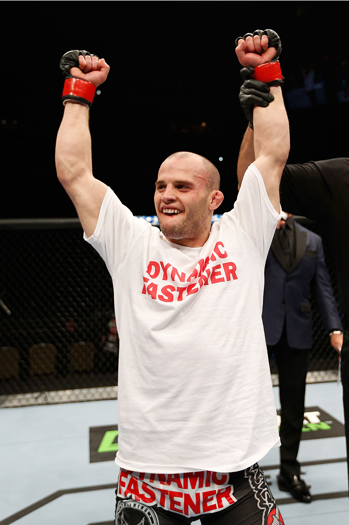 QUEBEC CITY, CANADA - APRIL 16:  Mitch Gagnon reacts after defeating Tim Gorman in their bantamweight fight during the TUF Nations Finale at Colisee Pepsi on April 16, 2014 in Quebec City, Quebec, Canada. (Photo by Josh Hedges/Zuffa LLC/Zuffa LLC via Gett