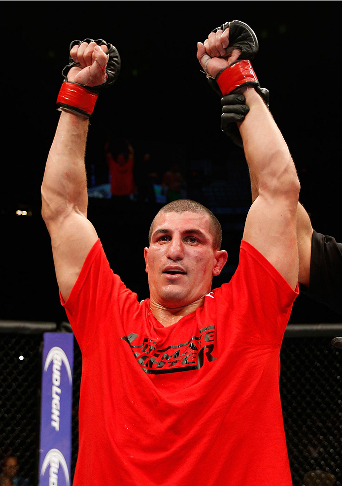 QUEBEC CITY, CANADA - APRIL 16:  Nordine Taleb reacts after his victory over Vik Grujic in their middleweight fight during the TUF Nations Finale at Colisee Pepsi on April 16, 2014 in Quebec City, Quebec, Canada. (Photo by Josh Hedges/Zuffa LLC/Zuffa LLC 