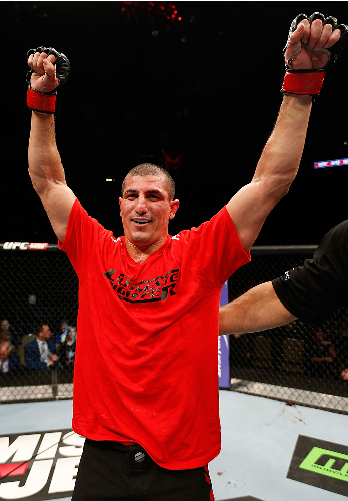 QUEBEC CITY, CANADA - APRIL 16:  Nordine Taleb reacts after his victory over Vik Grujic in their middleweight fight during the TUF Nations Finale at Colisee Pepsi on April 16, 2014 in Quebec City, Quebec, Canada. (Photo by Josh Hedges/Zuffa LLC/Zuffa LLC 