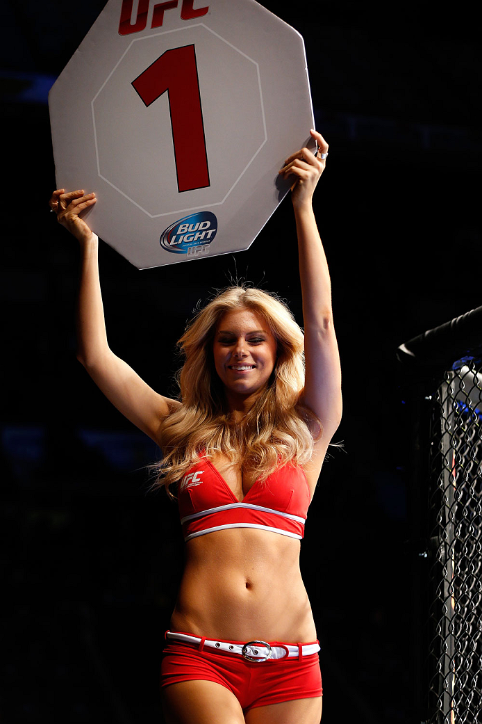QUEBEC CITY, CANADA - APRIL 16: UFC Octagon Girl Chrissy Blair introduces a round during the TUF Nations Finale at Colisee Pepsi on April 16, 2014 in Quebec City, Quebec, Canada. (Photo by Josh Hedges/Zuffa LLC/Zuffa LLC via Getty Images)