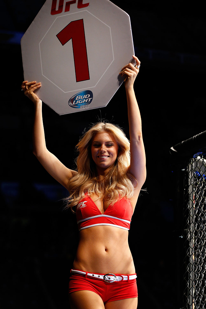 QUEBEC CITY, CANADA - APRIL 16:  UFC Octagon Girl Chrissy Blair introduces a round during the TUF Nations Finale at Colisee Pepsi on April 16, 2014 in Quebec City, Quebec, Canada. (Photo by Josh Hedges/Zuffa LLC/Zuffa LLC via Getty Images)