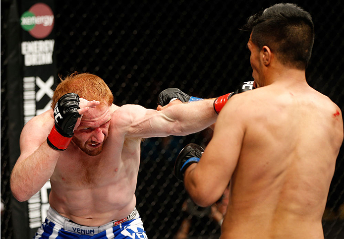 QUEBEC CITY, CANADA - APRIL 16:  (L-R) Mark Bocek punches Mike de la Torre in their lightweight fight during the TUF Nations Finale at Colisee Pepsi on April 16, 2014 in Quebec City, Quebec, Canada. (Photo by Josh Hedges/Zuffa LLC/Zuffa LLC via Getty Imag