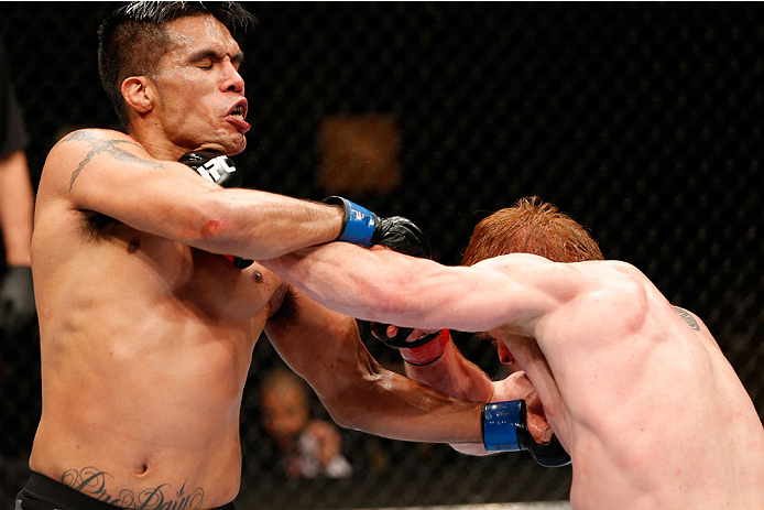 QUEBEC CITY, CANADA - APRIL 16:  (L-R) Mike de la Torre and Mark Bocek trade punches in their lightweight fight during the TUF Nations Finale at Colisee Pepsi on April 16, 2014 in Quebec City, Quebec, Canada. (Photo by Josh Hedges/Zuffa LLC/Zuffa LLC via 