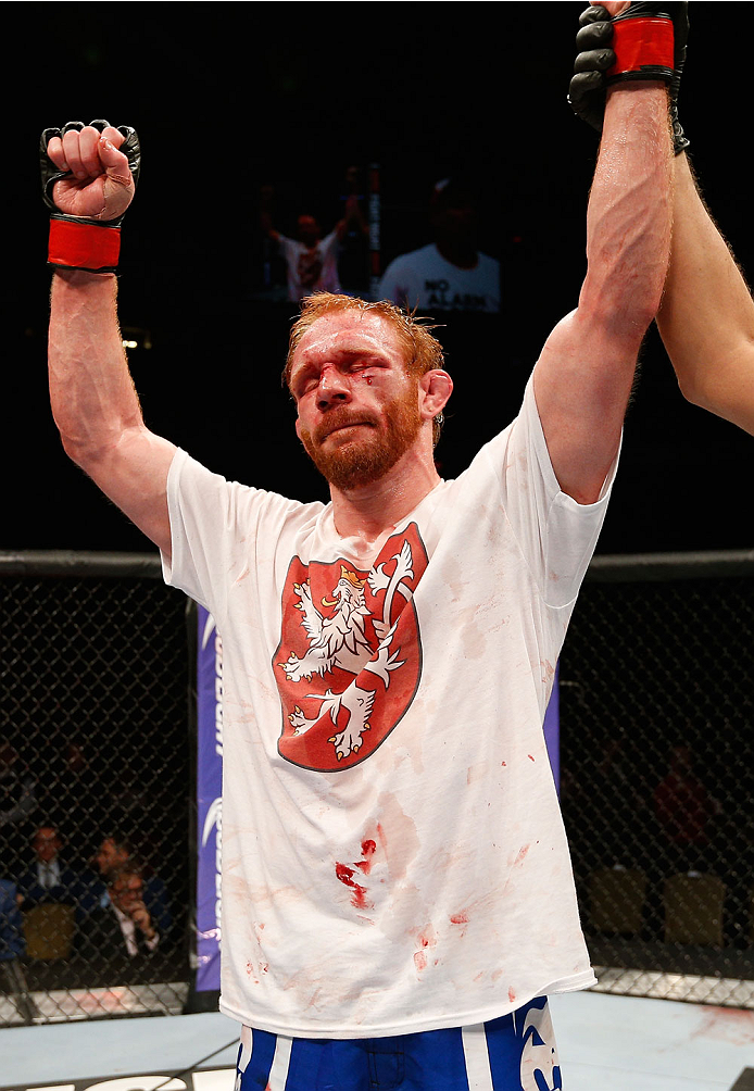 QUEBEC CITY, CANADA - APRIL 16:  Mark Bocek reacts after his victory over Mike de la Torre in their lightweight fight during the TUF Nations Finale at Colisee Pepsi on April 16, 2014 in Quebec City, Quebec, Canada. (Photo by Josh Hedges/Zuffa LLC/Zuffa LL