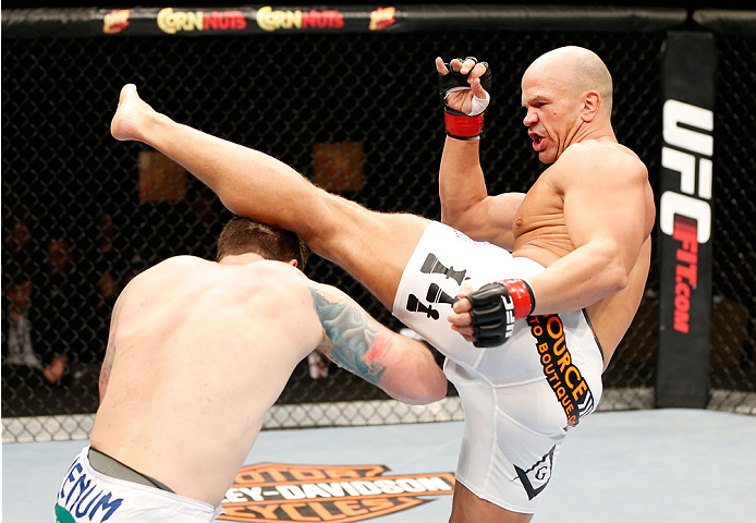 QUEBEC CITY, CANADA - APRIL 16:  (R-L) Ryan Jimmo kicks Sean O'Connell in their light heavyweight fight during the TUF Nations Finale at Colisee Pepsi on April 16, 2014 in Quebec City, Quebec, Canada. (Photo by Josh Hedges/Zuffa LLC/Zuffa LLC via Getty Im