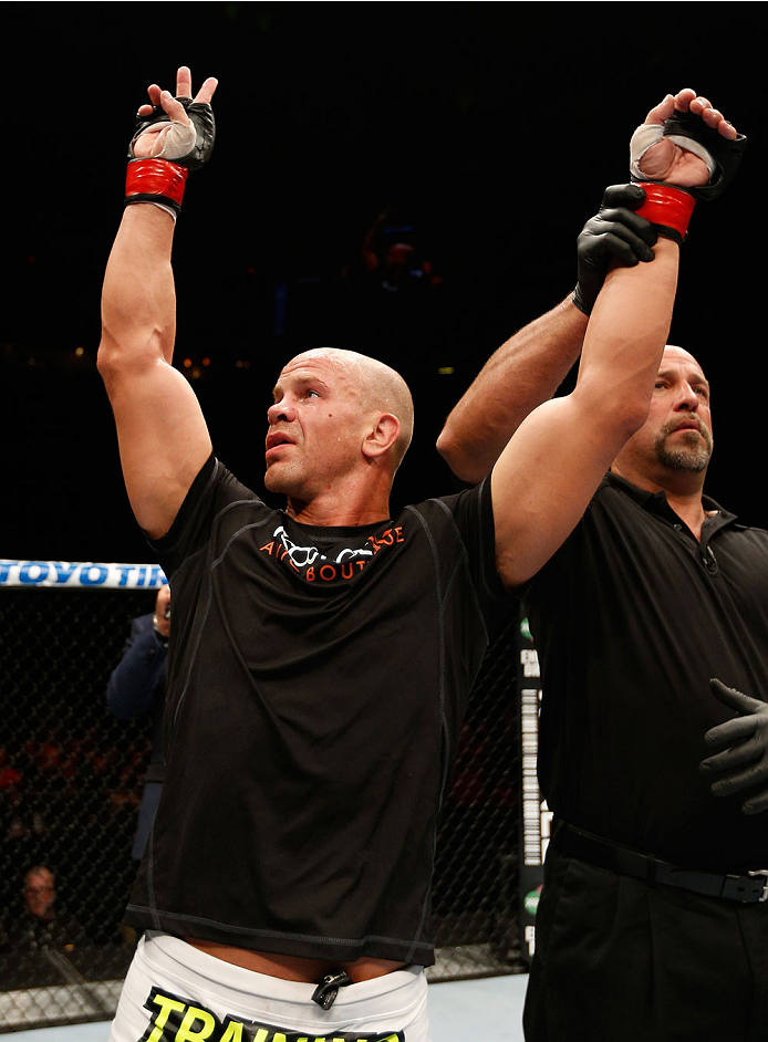 QUEBEC CITY, CANADA - APRIL 16:  Ryan Jimmo reacts after his knockout victory over Sean O'Connell in their light heavyweight fight during the TUF Nations Finale at Colisee Pepsi on April 16, 2014 in Quebec City, Quebec, Canada. (Photo by Josh Hedges/Zuffa