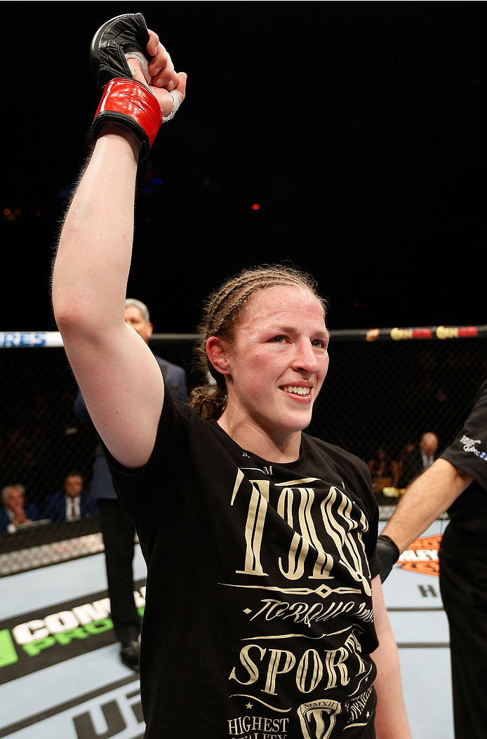 QUEBEC CITY, CANADA - APRIL 16:  Sarah Kaufman reacts after her victory over Leslie Smith in their women's bantamweight fight during the TUF Nations Finale at Colisee Pepsi on April 16, 2014 in Quebec City, Quebec, Canada. (Photo by Josh Hedges/Zuffa LLC/