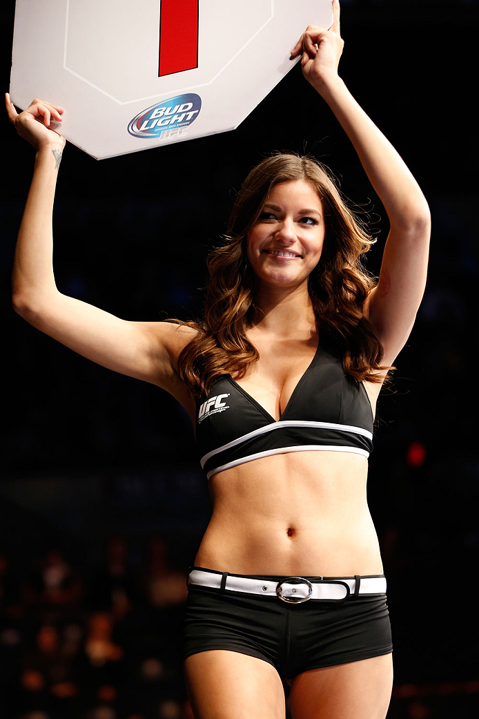 QUEBEC CITY, CANADA - APRIL 16: UFC Octagon Girl Vanessa Hanson introduces a round during the TUF Nations Finale at Colisee Pepsi on April 16, 2014 in Quebec City, Quebec, Canada. (Photo by Josh Hedges/Zuffa LLC/Zuffa LLC via Getty Images)