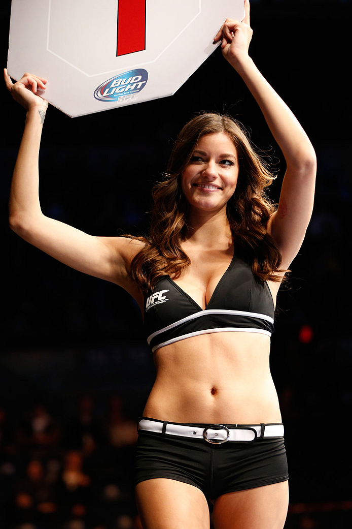 QUEBEC CITY, CANADA - APRIL 16:  UFC Octagon Girl Vanessa Hanson introduces a round during the TUF Nations Finale at Colisee Pepsi on April 16, 2014 in Quebec City, Quebec, Canada. (Photo by Josh Hedges/Zuffa LLC/Zuffa LLC via Getty Images)