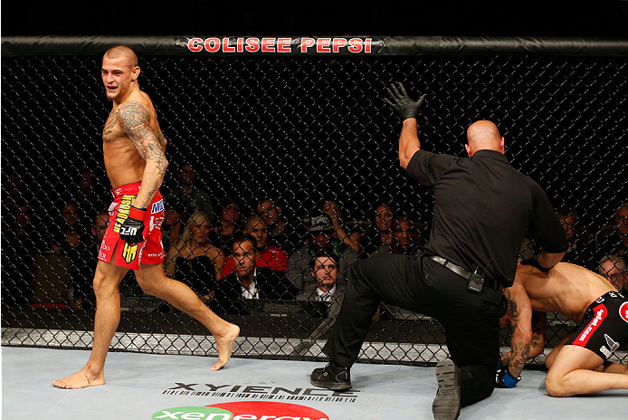 QUEBEC CITY, CANADA - APRIL 16:  Dustin Poirier reacts after his TKO victory over Akira Corassani in their featherweight fight during the TUF Nations Finale at Colisee Pepsi on April 16, 2014 in Quebec City, Quebec, Canada. (Photo by Josh Hedges/Zuffa LLC