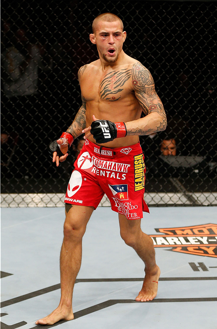 QUEBEC CITY, CANADA - APRIL 16:  Dustin Poirier reacts after his TKO victory over Akira Corassani in their featherweight fight during the TUF Nations Finale at Colisee Pepsi on April 16, 2014 in Quebec City, Quebec, Canada. (Photo by Josh Hedges/Zuffa LLC