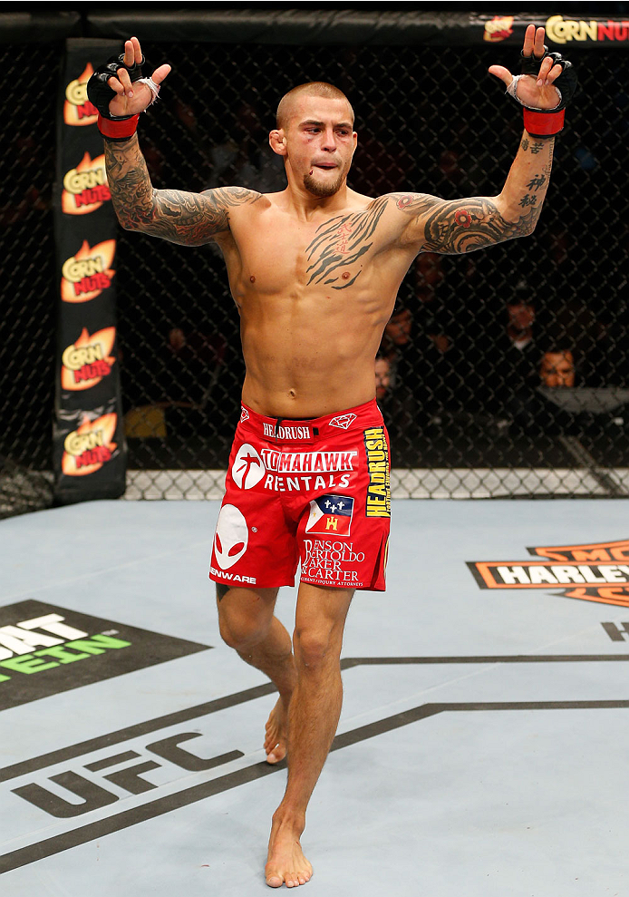 QUEBEC CITY, CANADA - APRIL 16:  Dustin Poirier reacts after his TKO victory over Akira Corassani in their featherweight fight during the TUF Nations Finale at Colisee Pepsi on April 16, 2014 in Quebec City, Quebec, Canada. (Photo by Josh Hedges/Zuffa LLC