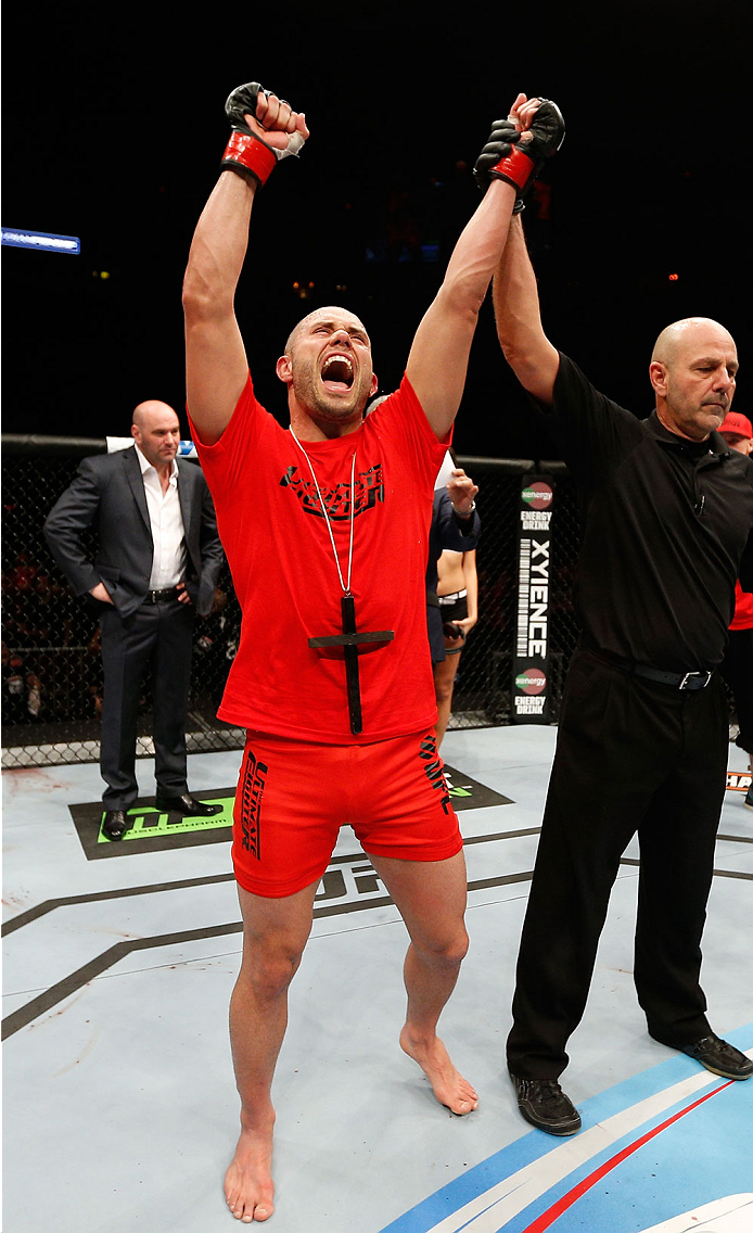 QUEBEC CITY, CANADA - APRIL 16:  Chad Laprise reacts after defeating Olivier Aubin-Mercier in their welterweight fight during the TUF Nations Finale at Colisee Pepsi on April 16, 2014 in Quebec City, Quebec, Canada. (Photo by Josh Hedges/Zuffa LLC/Zuffa L