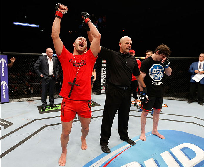 QUEBEC CITY, CANADA - APRIL 16:  Chad Laprise reacts after defeating Olivier Aubin-Mercier in their welterweight fight during the TUF Nations Finale at Colisee Pepsi on April 16, 2014 in Quebec City, Quebec, Canada. (Photo by Josh Hedges/Zuffa LLC/Zuffa L