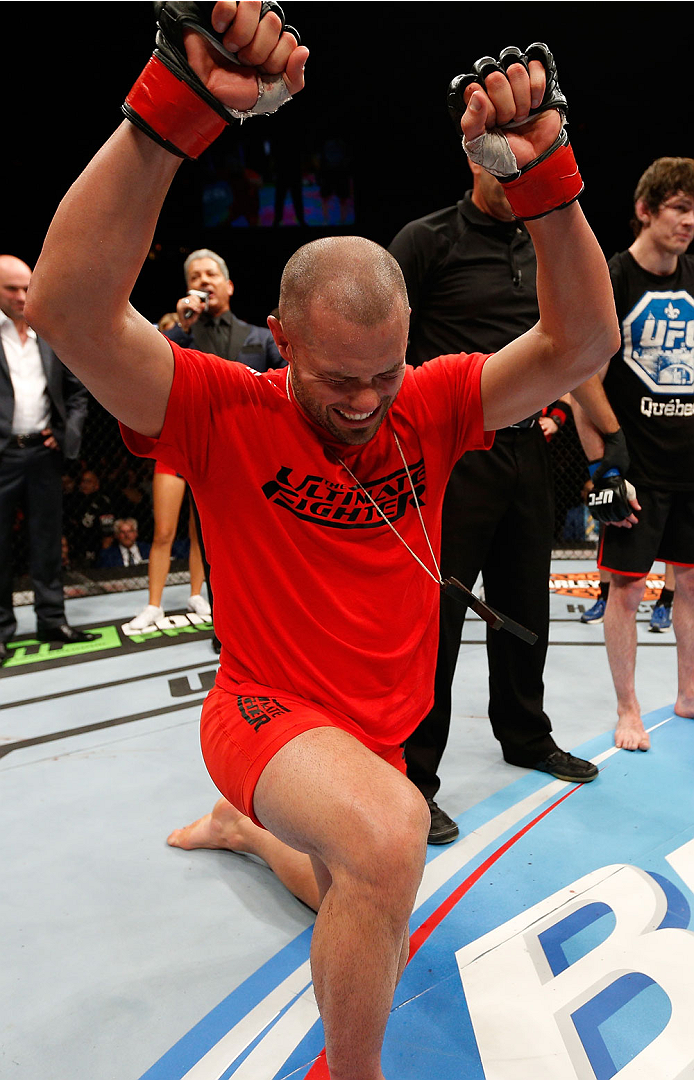 QUEBEC CITY, CANADA - APRIL 16:  Chad Laprise reacts after defeating Olivier Aubin-Mercier in their welterweight fight during the TUF Nations Finale at Colisee Pepsi on April 16, 2014 in Quebec City, Quebec, Canada. (Photo by Josh Hedges/Zuffa LLC/Zuffa L