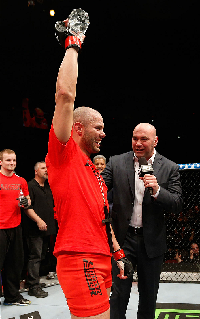 QUEBEC CITY, CANADA - APRIL 16:  Chad Laprise reacts after defeating Olivier Aubin-Mercier in their welterweight fight during the TUF Nations Finale at Colisee Pepsi on April 16, 2014 in Quebec City, Quebec, Canada. (Photo by Josh Hedges/Zuffa LLC/Zuffa L