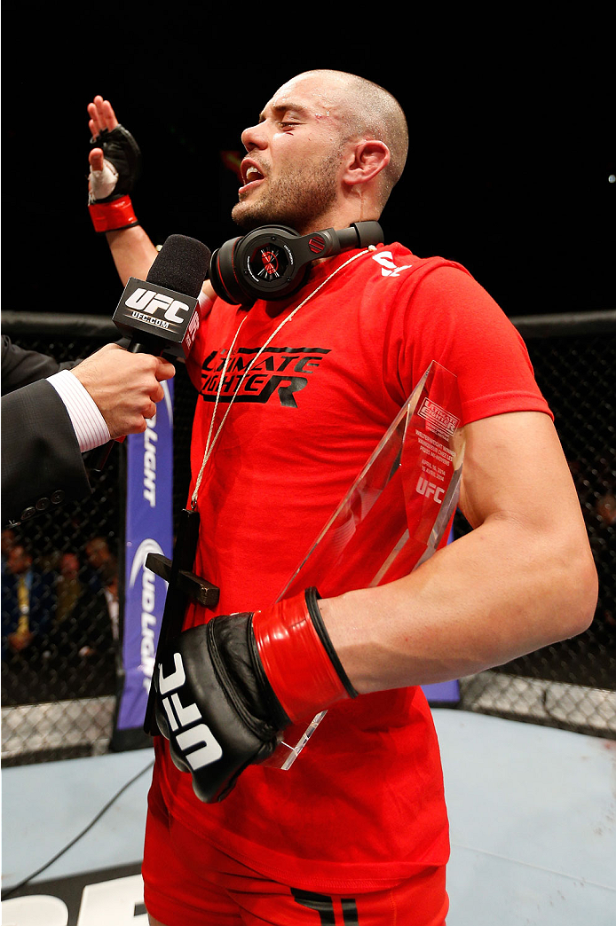 QUEBEC CITY, CANADA - APRIL 16:  Chad Laprise reacts after defeating Olivier Aubin-Mercier in their welterweight fight during the TUF Nations Finale at Colisee Pepsi on April 16, 2014 in Quebec City, Quebec, Canada. (Photo by Josh Hedges/Zuffa LLC/Zuffa L