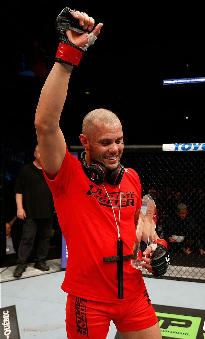 QUEBEC CITY, CANADA - APRIL 16:  Chad Laprise reacts after defeating Olivier Aubin-Mercier in their welterweight fight during the TUF Nations Finale at Colisee Pepsi on April 16, 2014 in Quebec City, Quebec, Canada. (Photo by Josh Hedges/Zuffa LLC/Zuffa L